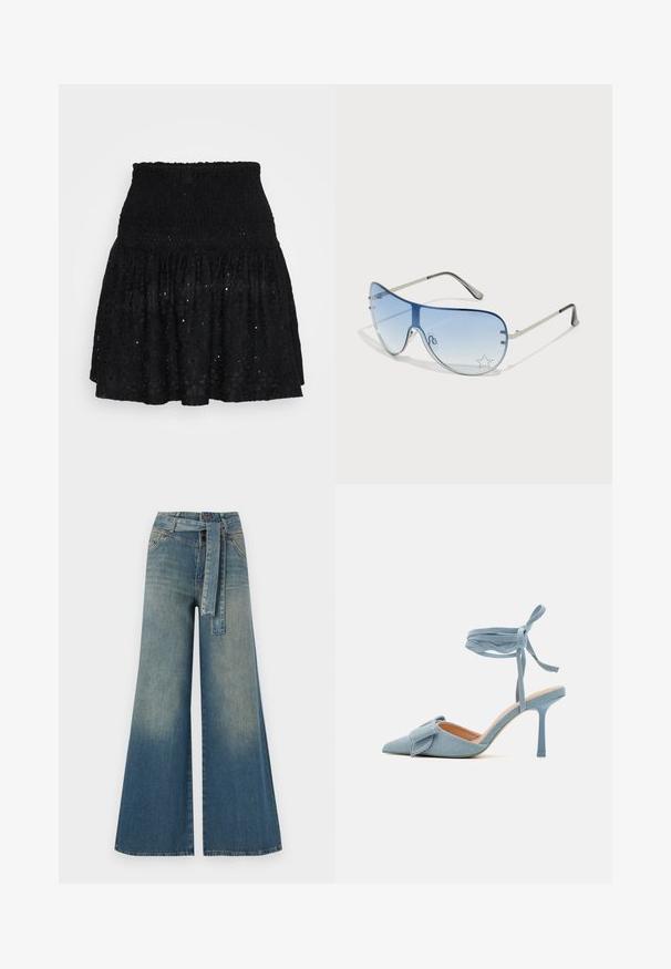 Svarte blonde mini-skjørt med smocket midje, lagdelte volanger og broderte mønstre. Myk tekstur med et lett design.; Bredde ben jeans med en lyseblå til mørkeblå gradient, høyt liv, beltehemper og et matchende belte i samme stoff. Teksturert denimoverflate.; Pekepusted hæl sko i lyseblå stof med en tekstureret finish, med en sløjfeaccent og ankelrem for en sikker pasform.; Pilotbriller med gradient blå linse, sølvfarget metallramme og dekorative stjerneaksenter på linsen. Glatt og stilren design.