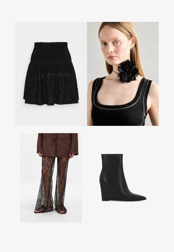 Črna čipkasta mini krila z elastičnim pasom, plastnatimi nabranimi robovi in očičastimi vzorci po celotni površini. Mehka tekstura z lahkotno zasnovo.; Črne čipkaste široke hlače s cvetličnim vzorcem, prosojne teksture in širokimi odprtinami za noge, v kombinaciji s rjavimi natikači.; Črne gležnjarje na wedge peto iz teksturirane usnje; imajo koničast nos in gladko, elegantno obliko z oblinami.; Črna cvetna choker ovratnica iz plastičenih cvetnih listov, oblečena z črnim rebrastim topom, ki ima srebrne detajle ob izrezu in ramenih.