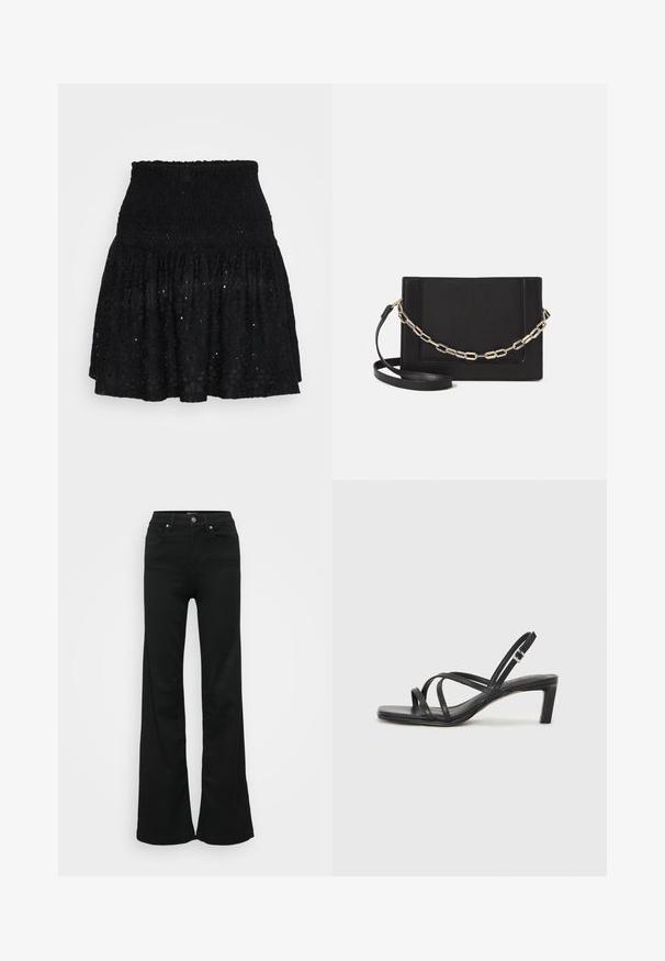 Fustă mini din dantelă neagră, cu talie elastică, volane în straturi și modele cu ochiuri pe toată suprafața. Textură moale, cu un design ușor.; Jeans negri evazați din denim, cu talie înaltă, cinci buzunare și închidere cu nasture metalic. Textură netedă, cu detalii minime.; Sandal cu barete negre, cu vârf pătrat și toc mic de bloc. Prezintă mai multe barete subțiri și o bareta ajustabilă la gleznă. Fabricat din piele netedă.; Geantă de umăr din piele neagră, cu o textură netedă, formă rectangulară și un detaliu din lanț metalic în față. Include curea reglabilă.