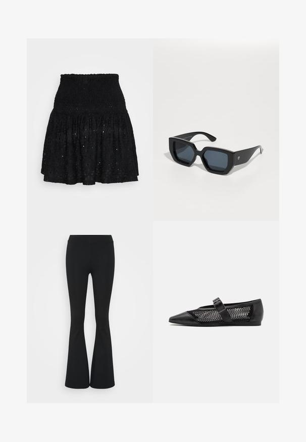 Melnas mežģīņu mini svārki ar smocked jostasvietu, slāņainām volāniem un acīm rakstiem visā virsmā. Mīksta tekstūra ar vieglu dizainu.; Melnas izplešanās bikses, izgatavotas no elastīga auduma, ar augstu vidukli un gludu tekstūru. Bikses izvēršas no ceļa.; Melnas plakanas kurpes ar norādītu purngalu, acs sānu paneļiem un siksniņu ar sprādzes detaļu. Gluda apdare uz purngala un papēža daļām.; Melnas lielas saulesbrilles ar ģeometrisku dizainu, taisnstūrveida lēcas un spīdīgu apdari. Uz priekša nav redzama zīmola.