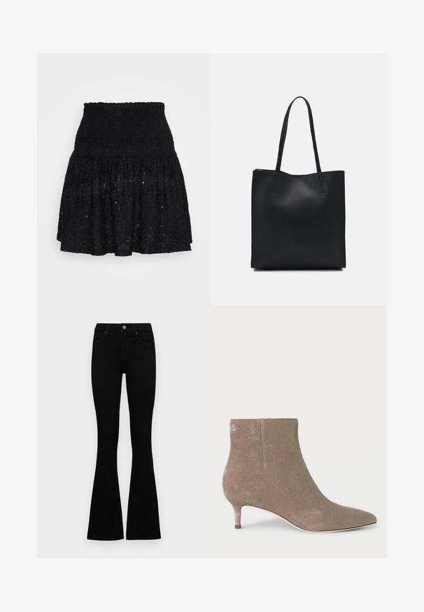 Jupe mini en dentelle noire avec une taille smockée, des volants en étages et des motifs à œillets sur l'ensemble. Texture douce avec un design léger.; Jean noir taille haute avec fermeture à bouton et à zip, poches avant et jambes évasées, posés à plat sur un fond blanc.; Botte de cheville en daim gris avec un bout pointu et un petit talon, présentant un détail de logo près du haut et une surface lisse et texturée.; Sac fourre-tout en cuir noir avec une texture lisse, de forme rectangulaire et deux longues poignées. Pas de matériel ou d'ornementations visibles.