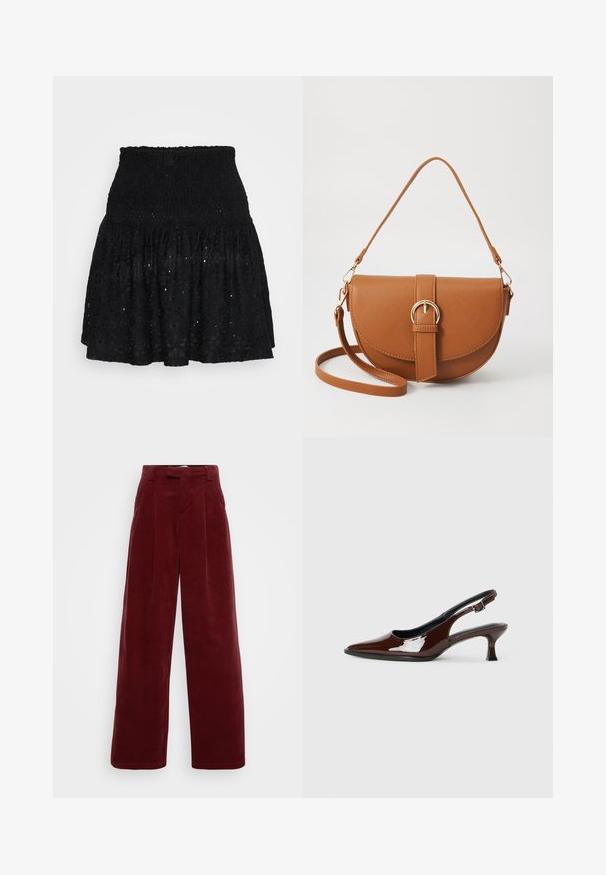 Black lace mini skirt featuring a smocked waistband, tiered ruffles, and eyelet patterns throughout. Soft texture with a lightweight design.; ONLY Tall ONLSVEA NESSA CORD WIDE  - Trousers - cabernet; Brown patent leather slingback shoe with a pointed toe and a moderate heel. Features a buckle strap for secure fit. Smooth texture.; Brown leather crossbody bag with a curved shape, gold hardware, and a buckle accent. Features a detachable shoulder strap.