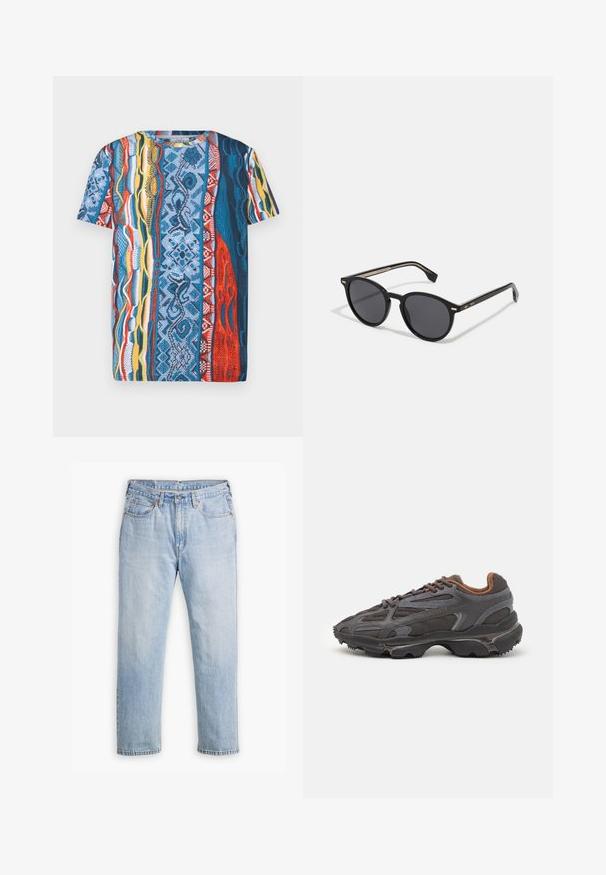 T-shirt met korte mouwen, versierd met een meerkleurig patroon in blauw, rood, geel en wit op een gestructureerde, geweven achtergrond. Ronde halslijn.; Lichtblauwe denim jeans met een recht model, vijf zakken en contrasterende stiksels. Knopen- en ritssluiting bij de taille.; Lacoste sneakers in donkergrijs van mesh en synthetisch materiaal, met een gestructureerde zool en bruine accenten op de kraag en branding.; BOSS Zonnebril - black