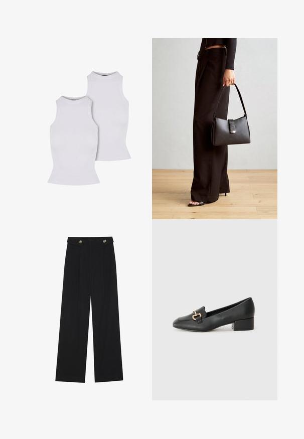Két fehér, bordázott ujjatlan felső magas nyakkivágással és testhezálló fazonnal, sima textúrával és egyszerű, zökkenőmentes megjelenéssel.; Fekete, bő szárú nadrág magas derékkal, gombos részletekkel a derékrészen és elülső pliszékkal.; Fekete bőr loaferek lapos talppal, dekoratív arany hardware részlettel az elején és sima felülettel.; Fekete kézi táska strukturált formával, sima textúrával és fémből készült záródással. Széles fekete nadrággal és nyitott orrú szandállal párosítva, fából készült padlón.