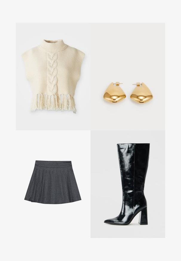 Krémový pletený svetr s vysokým límcem, zdobený centrálním pleteným vzorem a třásněmi na lemu. Krátké, krátké rukávy ve stylu cap, texturovaná tkanina.; Šedá sukně ve stylu skater s jemným páskem, rozšířeným A-liniovým tvarem a měkkou texturou látky. Vertikální pruhy umocňují vizuální zajímavost.; Černé kozačky po kolena vyrobené z lesklé kůže, s špičatou špičkou a mohutným geometrickým podpatkem s hladkým povrchem.; Náušnice z kovu ve zlatém tónu s hladkým, zaobleným trojúhelníkovým tvarem a designem na zadní upevnění; lesklý povrch s minimálními detaily.
