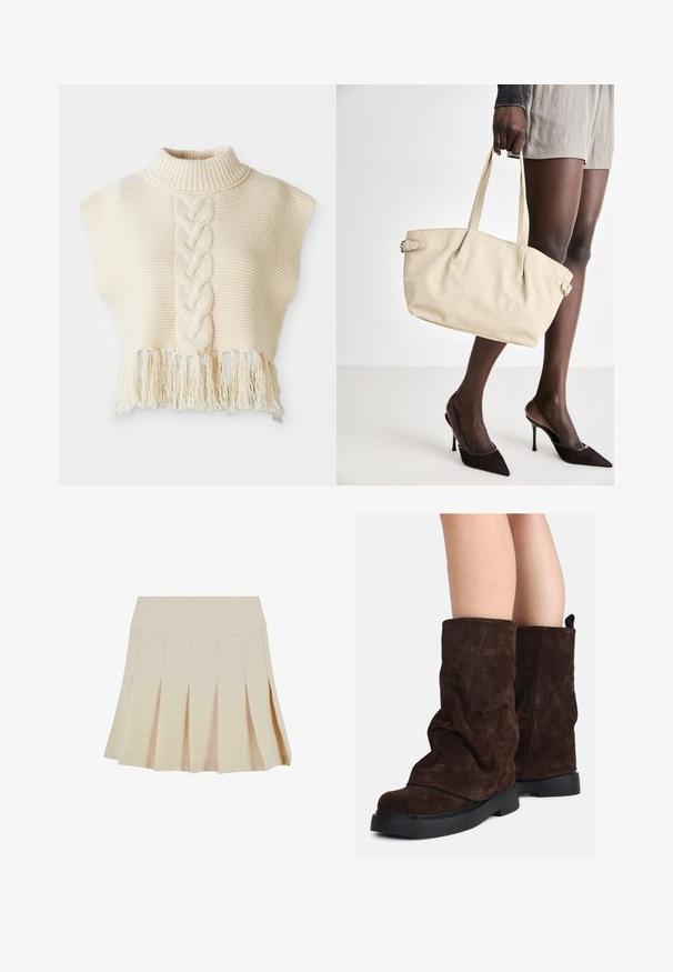 Elfenbeinfarbener Strickpullover mit hohem Kragen, der ein zentrales geflochtenes Muster und einen fransigen Saum aufweist. Kurze, kapillenartige Ärmel, strukturiertes Gewebe.; Beige Faltenrock mit einem taillierten Bund, aus einem glatten Stoff gefertigt. Verfügt über mehrere vertikale Falten und einen geraden Saum.; Braune Wildleder-Stiefel bis zur Wade mit schwarzen Gummisohlen, die an nackten Beinen getragen werden und leichte Faltenbildung an den Schafthaltern aufweisen.; Beige Tote-Bag mit einer glatten Leder-Oberfläche, strukturiertem Design, zwei Griffen und seitlichen Schnallendetails. Kombiniert mit eleganten schwarzen Absatzschuhen.; Cremfarbener gepolsterter Haarreif mit gedrehtem Design, kombiniert mit einem beigen und weißen gestreiften Shirt mit rundem Halsausschnitt. Dezente Schmuckakzente.