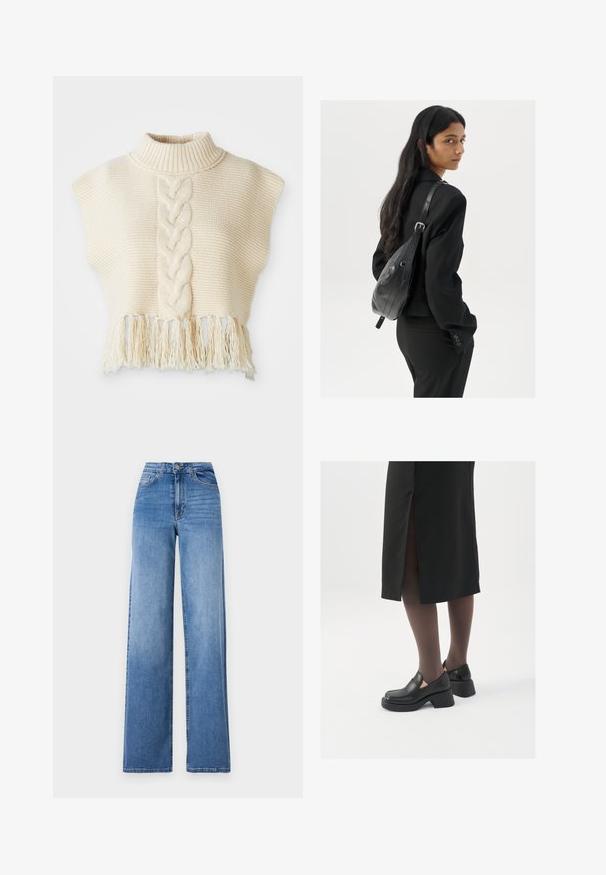 Slonovinový pletený sveter s vysokým golierom, so stredovým vrúbkovaným vzorom a strapcovým lemom. Krátke rukávy v štýle kapsičiek, textúrovaná tkanina.; Svetlomodré široké džínsy vyrobené z denimu, s vysokým pásom, prednými vreckami a štandardným zapínaním na gombík. Hladká textúra.; Čierne kožené topánky s okrúhlou špičkou, silným blokovým opätkom a elastickými bočnými akcentmi, skombinované s tmavými pančuchami a čiernou sukňou so štiepením.; Žena s dlhými tmavými vlasmi, oblečená v čiernom obleku, nesúca čiernu koženú kabelku na ramene, pozerajúca cez rameno na bielom pozadí.; Strieborné kruhové náušnice s minimalistickým dizajnom. Cirkulárny tvar, hladký povrch a tenký profil. Ľahké s lesklým povrchom.