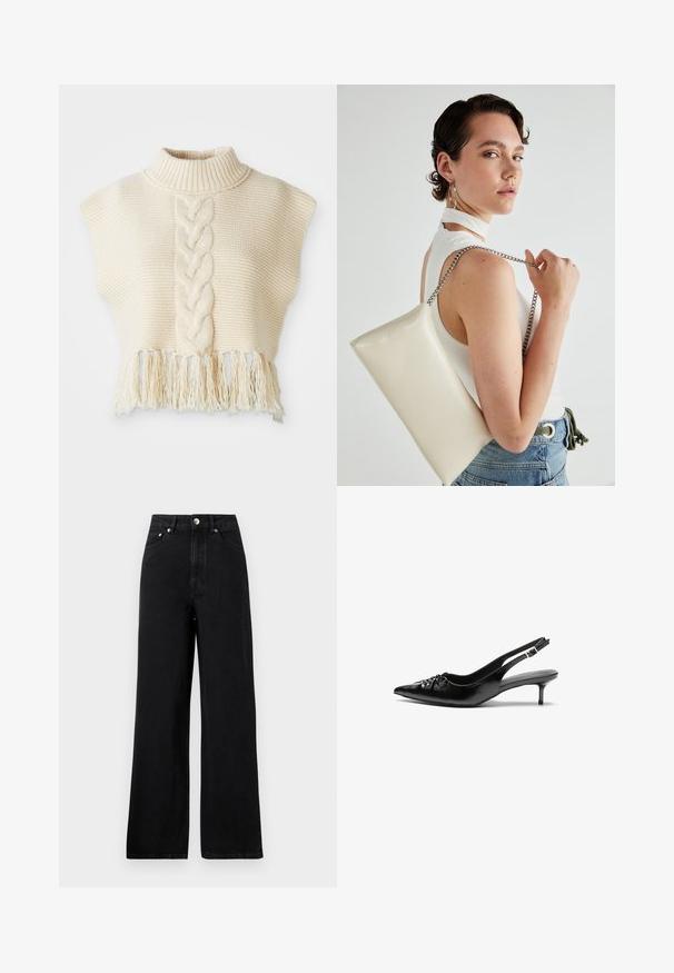 Suéter de punto color marfil con un cuello alto, que presenta un patrón trenzado central y un dobladillo con flecos. Mangas cortas de estilo cap, con tejido texturizado.; Vaqueros de mezclilla negros de talle alto con un diseño de pernera ancha, que cuentan con cinco bolsillos y detalles en metal plateado. Textura suave en general.; Tacones slingback de cuero negro con punta afilada, pequeño tacón kitten y un detalle de nudo decorativo en la parte frontal. Textura suave en toda la superficie.; Bolso de mano rectangular blanco, hecho de un material brillante, con una cadena plateada. La modelo posa, mostrando el bolso frente a un fondo liso.