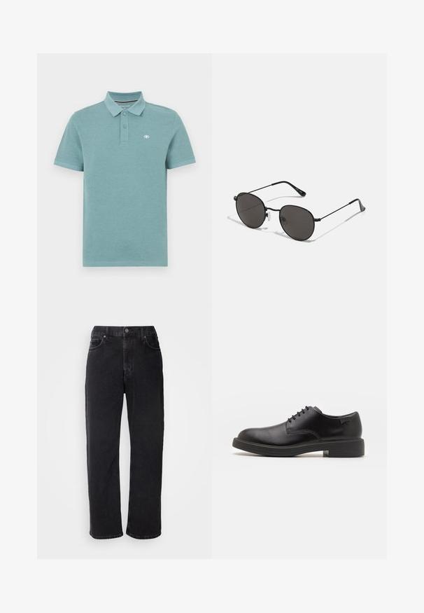 Polo-shirt i lys teal, korte ærmer, polo-krave med to knapper, har et lille logo på venstre bryst, glat bomuldsstof.; Sorte denim jeans med lige snit, fem lommer og kontrasterende syninger. Har en knaplukning og bæltestropper i taljen.; Sorte læder snørestøvle med rund tå, glat tekstur, minimal syning og lav gummihæl. Logo på hælen.; Runde solbriller med en tynd sort metalramme, mørke linser og justerbare næsepuder. Bøjlerne har en diskret mærkedetalje.