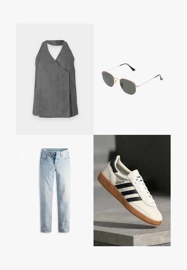 Top halter in denim grigio con design avvolgente, caratterizzato da scollo a V e fessure laterali. Texture liscia con dettagli di cuciture sottili.; Jeans in denim blu chiaro con taglio dritto, due tasche frontali e due tasche posteriori. Include una chiusura a due bottoni e cuciture sottili.; Sneaker bianca in suede con strisce blu navy, suola in gomma, parte superiore testurizzata, punta rotonda e lacci; presenta un marchio sul lato e sulla linguetta.; Occhiali da sole con montatura in metallo dorato e lenti verde scuro, stile aviator, con aste sottili e dettagli in tartaruga sulle punte.; Borsa a tracolla nera trapuntata con una catena d'oro, dotata di un distintivo fermo d'oro e di un'etichetta piccola, che mostra una superficie in pelle testurizzata.