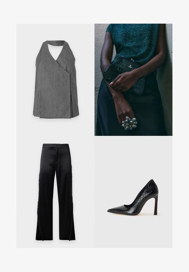 Szary denimowy top na halter z krojem typu wrap, z dekoltem w serek i bocznymi rozcięciami. Gładka faktura z subtelnymi detalami szewnymi.; Czarne satynowe spodnie z szerokimi nogawkami, z frędzlami wzdłuż szwów bocznych oraz gładkim pasem w talii. Prosty tył bez kieszeni.; Czarne szpilki z ostrym noskiem, pokryte teksturą skóry krokodyla, charakteryzujące się eleganckim wzornictwem, wysokim obcasem w stylu stiletto oraz gładkim czarnym wnętrzem.; Czarna kopertówka w wzór krokodyla z srebrnymi akcentami, trzymana na szarym, teksturowanym tle. Posiada błyszczącą powierzchnię.