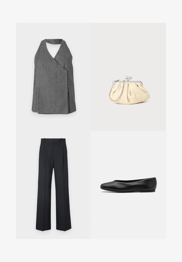 Grauer Denim-Haltertop mit Wickeldesign, ausgestattet mit V-Ausschnitt und seitlichen Schlitzen. Glatte Textur mit dezenten Nähdetails.; Dunkelblaue Nadelstreifenhosen mit hoher Taille, weit geschnittenem Bein und ohne sichtbare Beschläge oder Verzierungen. Glatte Textur und taillierte Passform.; Paul Smith TOPANGA - Klassischer Ballerina - black; Faltige beigefarbene Ledertasche mit einem silbernen Metallrahmen, ausgestattet mit zwei runden dekorativen Verschlüssen und einem silbernen Kettenriemen.