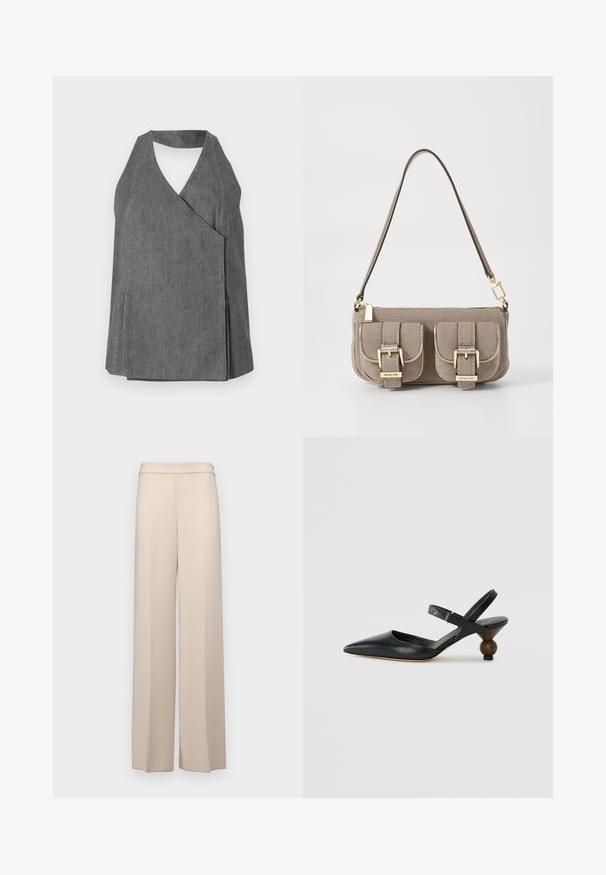 Top halter in denim grigio con design avvolgente, caratterizzato da scollo a V e fessure laterali. Texture liscia con dettagli di cuciture sottili.; Pantaloni beige a gamba larga in un tessuto liscio, con vita alta e sottili pince frontali. Senza tasche o dettagli hardware visibili.; Scarpa slingback nera in pelle con punta affilata, design curvo e tacco rotondo simile al legno. Presenta un cinturino sottile alla caviglia.; Borsa a tracolla beige con texture, cinturino regolabile, due tasche frontali chiuse da fibbie e dettagli in metallo dorato. Chiusura a zip nella parte superiore.