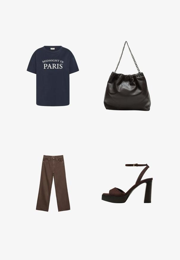 Granatowa bawełniana koszulka z okrągłym dekoltem i krótkimi rękawami, z białym napisem "MIDNIGHT IN PARIS" na przodzie.; Szerokie brązowe dżinsy wykonane z denimu, z wysokim stanem, przednimi kieszeniami i klasycznym zapięciem na guzik. Gładka faktura z subtelnym przeszyciem.; Brązowe zamszowe sandały na wysokim obcasie z odkrytymi palcami, regulowanym paskiem na kostce i paskowatą podeszwą.; Brązowa skórzana torba z marszczonym szczytem i łańcuszkowym paskiem. Gładka tekstura z błyszczącym wykończeniem i subtelnymi detalami szwów po bokach.