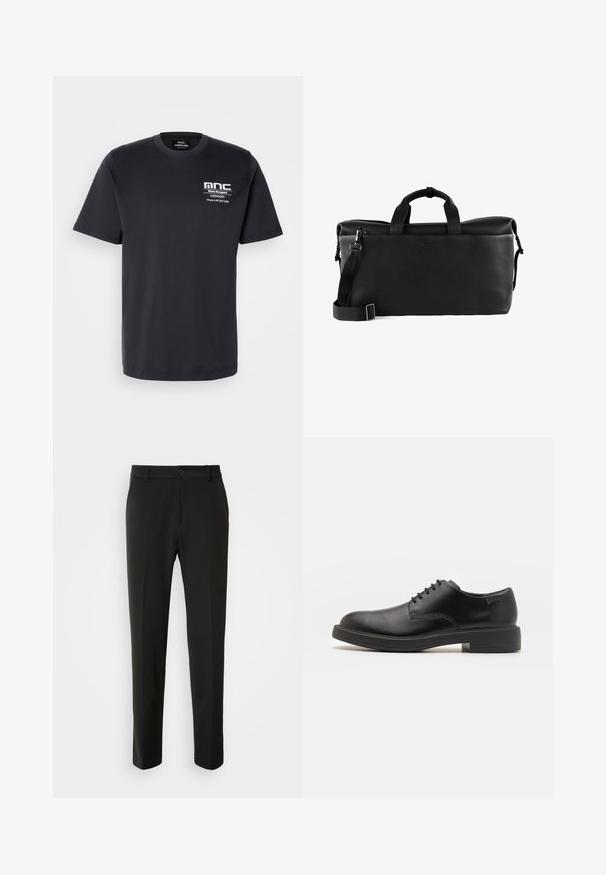 Zwart katoenen T-shirt met korte mouwen, ronde halslijn en een borstprint met "mnc" en contactgegevens in het wit. Klassiek pasvorm ontwerp.; Zwarte broek van gladde stof, met rechte pijpen, een knoopsluiting en een klassiek ontwerp dat geschikt is voor zowel formele als casual gelegenheid.; Zwarte leren veterschoen met een ronde neus, een gladde textuur, minimale stiksels en een lage rubberen hak. Logo op de hak.; Zwarte leren duffelbag met een gestructureerd oppervlak, dubbele handvaten, een verstelbare schouderriem en een ritssluiting aan de bovenkant. Eenvoudig logo-detail aan de voorkant.