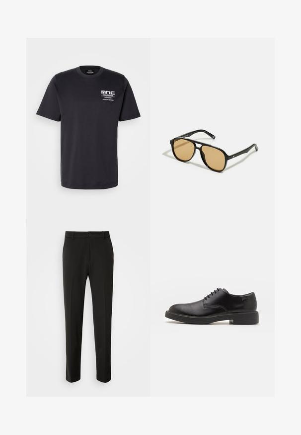 Črna bombažna majica s kratkimi rokavi, okroglim izrezom in potiskom na prsih, ki включает "mnc" in kontaktne podatke v belem. Klasična oblika.; Črne hlače iz gladkega materiala, s straight nogavicami, z gumbom za zapiranje in klasičnim dizajnom, primerne za formalne ali sproščene priložnosti.; Črne usnjene čipkaste čevlje z zaobljenim nosom, gladko teksturo, minimalnim šitjem in nizkim gumijastim peto. Logo na peti.; Črne sončne očala z rjavim odtenkom leč; pravokotna oblika s širokim okvirjem, vključno z diskretno kovinsko dekoracijo na obeh strani.