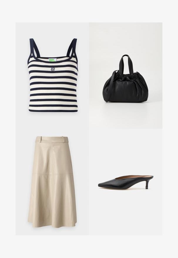 Canottiera a coste con righe orizzontali blu navy e bianche. Presenta spalline sottili e un piccolo logo ricamato sul petto.; Gonna midi in pelle beige con una texture liscia, vita ampia e orlo svasato; presenta cuciture per un dettaglio aggiuntivo.; Mule in pelle nera con punta affilata e tacco basso a blocco. Texture liscia con un design elegante. Retro aperto con dettagli minimi.; Borsa a tracolla in pelle nera con design a cima arricciata, dotata di due manici corti e di una lunga tracolla regolabile. Texture liscia, forma arrotondata.
