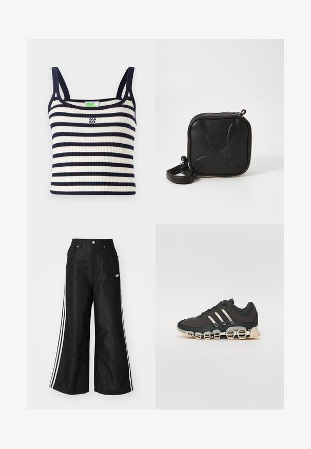 Camiseta sin mangas de canalé con rayas horizontales en azul marino y blanco. Cuenta con tirantes estrechos y un pequeño logo bordado en el pecho.; Pantalones de denim anchos y negros con tres franjas blancas en cada lado y un pequeño logo blanco. Cuenta con bolsillos frontales y un cierre de botón.; Zapatilla deportiva negra con parte superior texturizada, tres rayas plateadas y una suela de amortiguación distintiva que presenta múltiples secciones integradas.; Bolso cruzado negro hecho de material sintético texturizado. Presenta un diseño de logo en relieve y correa ajustable. Cierre con cremallera.