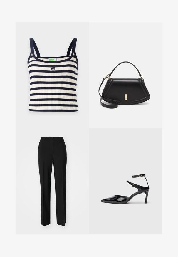 Maiou cu dungi orizontale bleu marin și alb. Are bretele subțiri și un mic logo brodat pe piept.; Pantaloni negri tailor-ed cu un design drept, având o textură fină și cute clare pe față. Fără elemente de prindere vizibile.; Cizme cu toc din piele lacuită neagră, cu vârf ascuțit, curele reglabile la gleznă și un toc subțire. Textură netedă cu un finisaj lucios.; Geantă de umăr din piele neagră, cu un design structurat, având o formă tăiată, mânere superioare și accente din aur. Include o curea de umăr ajustabilă.