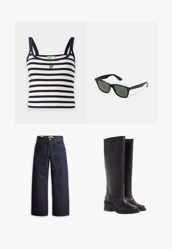 Débardeur à rayures horizontales bleu marine et blanches. Il dispose de fines bretelles et d'un petit logo brodé sur la poitrine.; Jeans en denim bleu foncé à jambes larges, avec une taille haute, dotés d'un lien à cordon, de cinq poches et de détails de couture contrastants.; Bottes en cuir noir montant jusqu'au genou, avec une texture lisse, un bout arrondi et un talon épais. Présente une couture discrète et un design épuré.; Lunettes de soleil en plastique noir avec verres verts, monture carrée, accent argenté sur le sourcil et branches texturées. Marque indiquée sur l'intérieur de la branche.
