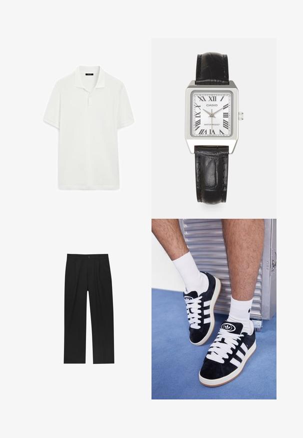 Vit kortärmad polo skjorta tillverkad av mjukt bomullstyg. Har en klassisk krage med två knappar och en rak nederkant.; Svarta byxor med rak ben-design, tillverkade av ett jämnt tyg. Har framfickor och en enkel knapplåsning i midjan.; Svarta mockaskor med vita snören och tre vita ränder. Har en rund svart logotyp på tungan och en gumminnedgummisula.; Silverfärgad fyrkantig klocka med vit urtavla, svarta romerska siffror och texten "VATTENRESIST". Svart läderarmband med strukturerad yta.