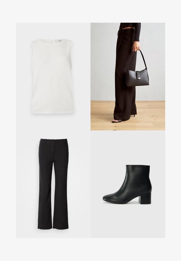 White sleeveless top featuring a ribbed texture, rounded neckline, and a small back closure detail. Simple design with no patterns or accents.; Black cotton blend trousers with a straight-leg design, front button closure, and two side pockets. Smooth texture, no visible patterns.; Black leather ankle boots with a pointed toe and a chunky heel. Smooth texture with minimal accents and a sleek, fitted design.; Black handbag with structured shape, smooth texture, and a metallic clasp. Paired with wide black pants and open-toe sandals on wooden floor.