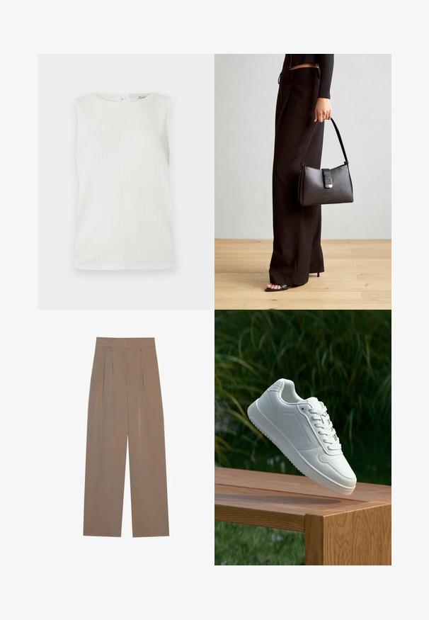 Top bianco senza maniche con una texture a costine, scollatura rotonda e un piccolo dettaglio di chiusura sul retro. Design semplice senza motivi o accenti.; Pantaloni marroni a pieghe con design a gamba larga, dotati di vita piatta e tasche laterali, realizzati in un tessuto leggero.; Sneaker bianco con tomaia in sintetico liscio, punta perforata, lacci piatti e suola testurizzata, esposto su una superficie di legno.; Borsa nera con forma strutturata, texture liscia e una chiusura metallica. Abbinata a pantaloni neri larghi e sandali open-toe su un pavimento in legno.