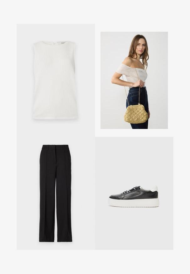 White sleeveless top featuring a ribbed texture, rounded neckline, and a small back closure detail. Simple design with no patterns or accents.; Black trousers with a straight leg design, featuring two front pleats, a waistband, and no visible pockets or embellishments.; Kennel + Schmenger BANG - Trainers - schwarz/bianco; Woven straw handbag in light beige, featuring a curved shape, clasp closure, and a gold chain strap. Textured surface with a diamond pattern.