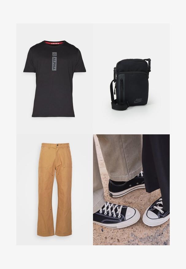 Must musta lühikeste varrukatega t-särk sujuvast kangast, millel on hall vertikaalne "ALPHA" logo ees ja punane aksent kaelusel.; Küpsised tan värvi cargo püksid, mis on valmistatud vastupidavast kangast. Neil on küljetaskud, metallist detailid, sirge lõige ja tavaline vöökoht.; Mustad musta kanvaasi sneakers, valgete kummist varbakatete ja paeltega. Kontrastne tikand ja metallist silmad lisavad detaile. Kantakse beežide pükstega ja musta kangaga.; Mustast nailonist valmistatud õlakott, millel on tõmblukkudega sektsioonid, reguleeritav rihm ja diskreetne logo esipanelil. Sile tekstuur ja ristkülikuline kuju.