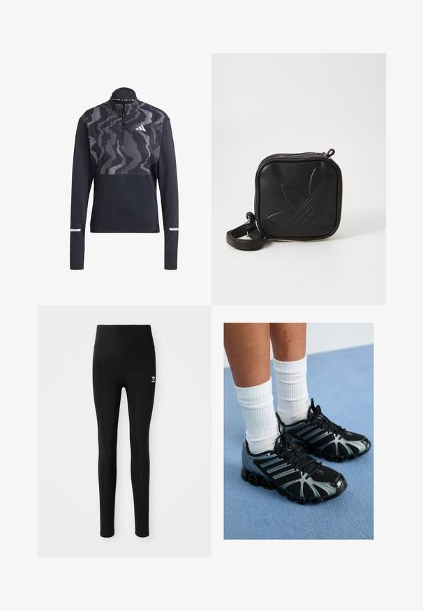 Black athletic pullover featuring a zip neck, long sleeves, and a bold patterned upper. Made from lightweight, breathable fabric. Reflective accents.; Black leggings made of stretchy material with a high waist, featuring a small white Adidas logo on the left leg. Smooth texture.; Black athletic shoes with gray accents and mesh panels, featuring a textured sole and black laces, paired with white ribbed socks.; Black square crossbody bag made of textured synthetic material. Features an embossed logo design and adjustable strap. Zipper closure.