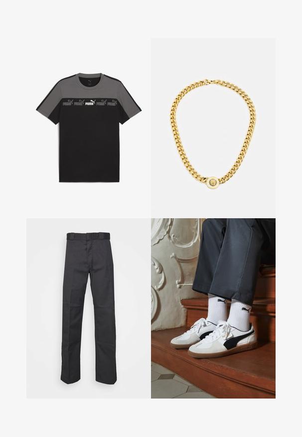 Black and gray short-sleeve T-shirt with a round neck, featuring a repeated white 'PUMA' logo across the chest and smooth cotton texture.; Black pants made of durable fabric, featuring a straight leg design, a waistband with belt loops, and seams for added texture.; Puma sneakers in white and black suede, featuring a brown rubber sole. Paired with white socks displaying a black logo, worn with dark pants.; Gold chain necklace with large interlocking links, featuring a circular pendant detail at the center with a raised emblem.