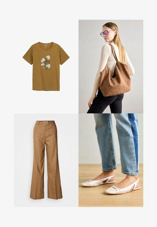 Bruine katoenen t-shirt met een ronde halslijn en korte mouwen. Heeft een witte bloemenprint aan de voorkant en een rechte snit.; Bruine wijde broek van lichtgewicht stof. Heeft een platte voorkant, riemlussen en een getailleerde pasvorm met een enkel-lange snit.; Zachtroze slingback ballerina's met een spitse neus, gemaakt van een glad leerachtig materiaal. Bevat uitsnijdingen aan de zijkanten en heeft een platte hak.; Bruine suède totebag met zachte textuur, grote opening en lange hengsels. Het heeft een eenvoudig ontwerp met zichtbare stiksels en geen hardware.