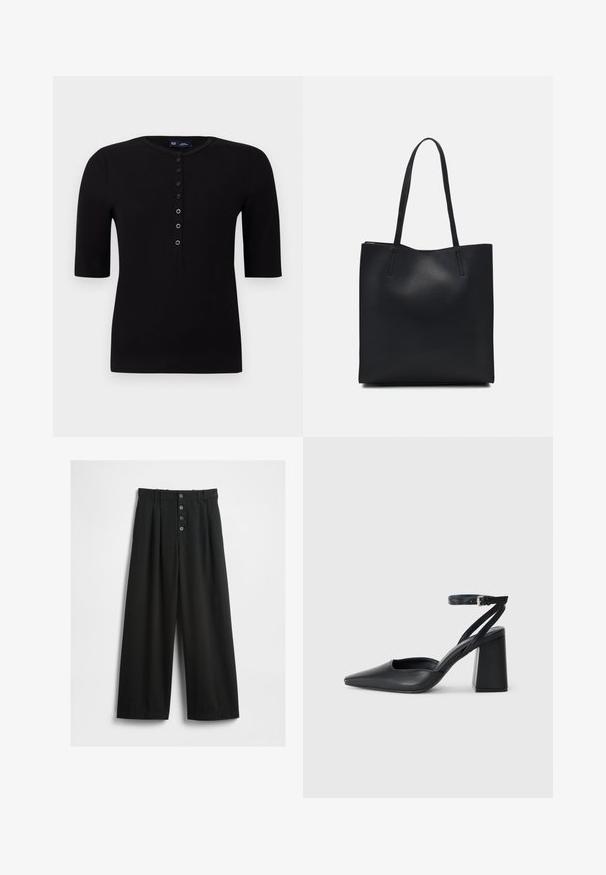Fekete bordázott rövid ujjas felső kerek nyakkivágással és gombos felsorolással az elején, ezüst gombokkal és testhez simuló szabással.; Texturált anyagból készült széles lábú fekete nadrág. Magas derekú, öt gombos elülső záródással és a részleteket kiemelő pliszézett betétekkel rendelkezik.; Fekete bőr, hegyes orrú magassarkú cipő boka pánttal és vastag sarokkal. Sima textúra, elegáns dizájn és minimális esztétika.; Fekete bőrtáska sima felszínnel, téglalap alakú, két hosszú füllel. Nincs látható fémkiegészítő vagy díszítés.