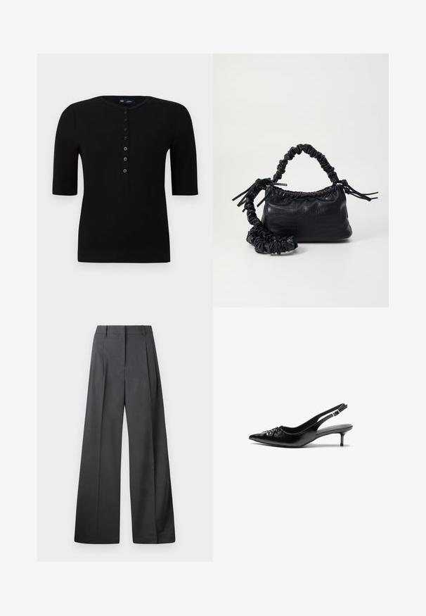 Crna rebrasta majica kratkih rukava s okruglim izrezom i dugmadima sprijeda, koja se obogaćuje srebrnim dugmadi i uskim krojem.; Hlače širokih nogavica u tamnosivoj tkanini, s visokim strukom, jednim naborom i glatkom teksturom s urednim završetkom na rubovima.; Crne kožne sandale na petu s ikkrenim nosom, malom kitten petom i dekorativnom mašnom sprijeda. Glatka tekstura svuda.; Crna torba od umjetne kože s teksturom krokodila, s cinčanim vrhom i naboranom trakom. Izgleda mekano i kompaktno u dizajnu.