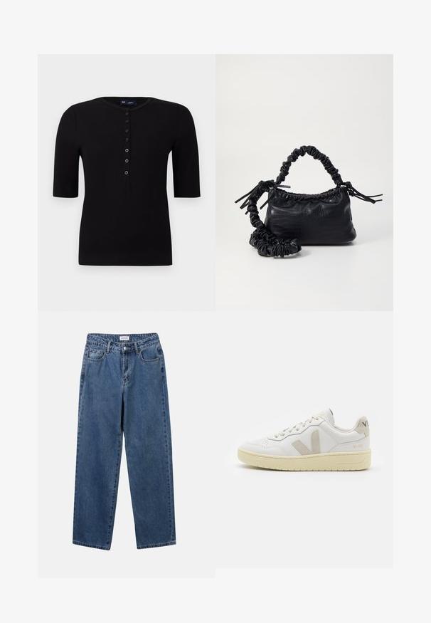 Sort ribbet kortærmet top med rund halsudskæring og knaplukning foran, der har sølvknapper og en tætsiddende silhuet.; Klassiske blå denimbukser med lige ben, fem lommer og knaplukning. Har en medium vask og en robust tekstur.; Hvide lærreds sneakers med beige ruskindsdetaljer, perforeret tåboks, flade snørebånd og en struktureret cremefarvet sål. Har diskret branding på hælen.; Sort kunstlæder håndtaske med krokodilteksur, indsnøret top og en sammenkrøben rem. Ser blød og kompakt ud i designet.