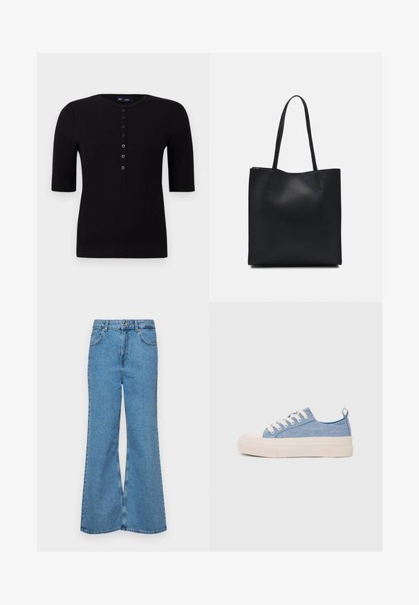 Black ribbed short-sleeve top with a round neckline and a button placket down the front, featuring silver buttons and a fitted silhouette.; Light blue flared jeans made of denim, featuring a high waist, five pockets, and a single button closure. Soft texture with faded finish.; Light blue canvas sneakers with a cream rubber toe cap and outsole, featuring white laces and a pull tab on the heel.; Black leather tote bag with smooth texture, rectangular shape, and two long handles. No visible hardware or embellishments.
