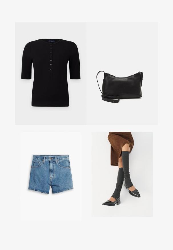 Juodas horizontalių juostelių trumpas rankovėmis marškinėliai su apvalia iškirpte ir mygtukų uždarymu priekyje, dekoruoti sidabriniais mygtukais ir turintys prigludusį siluetą.; Šviesiai mėlyni džinsiniai šortai, turintys penkis kišenes, užtrauktuko užsegimą ir mygtuko uždarymą. Apačia yra nusidėvėjusi, o dizainas yra laisvo pjūvio.; Juodi lakuoti odiniai batai su aštriu kuma ir bloko kulnu, derinami su pilkais riebiais kojų šildytuvais ir rudais zomšiniais sijonais.; Juodas odinis petinis krepšys su lygiu paviršiumi, išlenkta forma, reguliuojama dirželiu ir užtrauktuku. Minimalistinis dizainas be puošmenų.