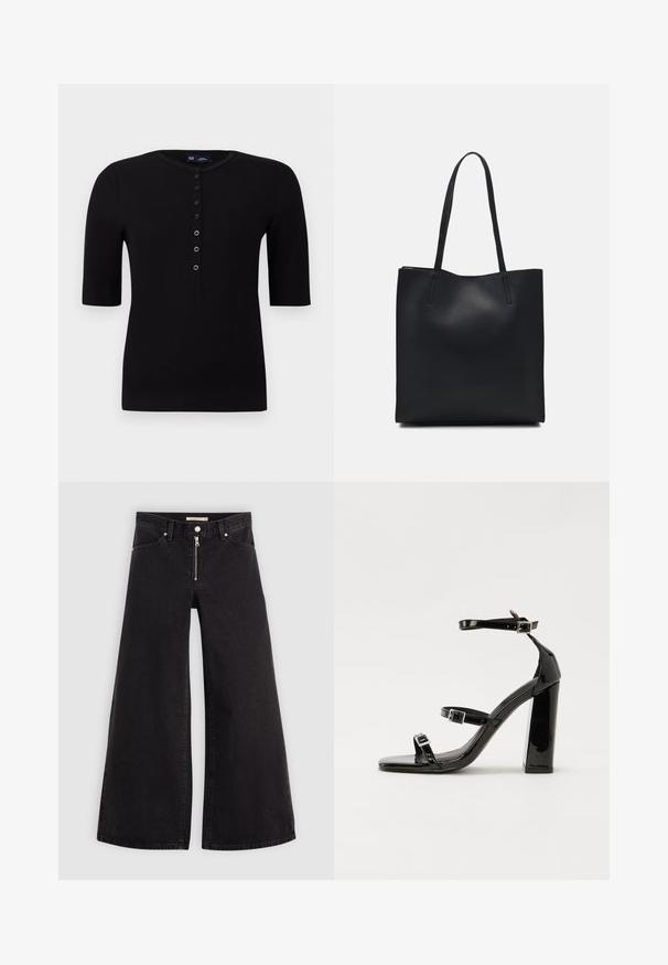 Črno rebrasto majico s kratkimi rokavi in okroglo ovratnikom, z gumbnim zapenjanjem spredaj, ki vsebuje srebrne gumbe in prilegan silhueto.; Široke traperice iz črnega denima z zadrgo spredaj, petimi žepi in diskretnimi šivi. Gladka tekstura in ležeren slog.; Črne lakirane sandale s peto, kvadratnim prstom, trakovi okrog gležnja in srebrnimi zaponkami. Opremljene so s stabilno Debelo peto.; Črna usnjena torba s svilnato teksturo, pravokotne oblike in dvema dolgima ročajema. Brez vidnih metalnih delov ali okrasnih elementov.