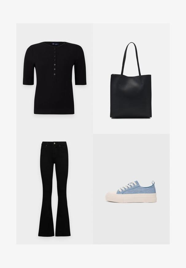 Svart ribbet kortermet topp med rund halslinning og knappestolpe foran, med sølvknapper og en tettsittende silhuett.; Sorte høytlivsjeans med knapp og glidelås, frontlommer og utsvingte bein liggende flatt på en hvit bakgrunn.; Lys blå canvastøfler med en kremfarget gummitupp og yttersåle, med hvite snørebånd og en løfteløkke på hælen.; Svart lær tote bag med glatt tekstur, rektangulær form og to lange håndtak. Ingen synlige deler eller dekorasjoner.