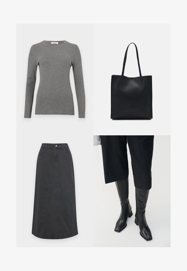 Grey long-sleeve top made of a soft ribbed material. Features a rounded neckline and fitted design, with minimal accents or patterns.; Black denim skirt with a straight cut, featuring a front panel detail, two pockets, belt loops, and a button closure at the waistband.; Black leather knee-high boots with a square toe and a block heel. Features a side zipper and smooth texture.; Black leather tote bag with smooth texture, rectangular shape, and two long handles. No visible hardware or embellishments.