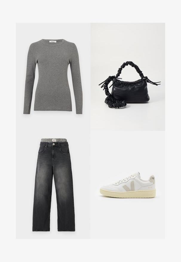 Pilkas ilgas rankovėmis bliuzonas, pagamintas iš minkštos raštuotos medžiagos. Turi apvalų kaklą ir prigludusią formą, be matomų akcentų ar raštų.; Juodi džinsai su plačiomis kojomis ir houndstooth rašto juosmeniu. Pirmuose kišenėse ir su mygtuko uždarymu. Dėvėtas tekstūras.; Balti odiniai sportbačiai su kreminiais zomšos akcentais, perforuota pirštų dalimi, plokščiomis raišteliais ir struktūruota kreminėmis padomis. Ant kulno yra subtilus ženklinimas.; Juodas dirbtinės odos rankinė su krokodilo tekstūra, sušnibždinta viršuje ir susikraipytu dirželiu. Atrodo minkšta ir kompaktiška.