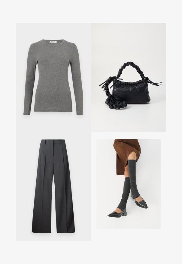 Pelēks garām piedurknēm tops, izgatavots no mīksta ribota auduma. Tam ir noapaļots kakla izgriezums un pieguļoša forma, ar minimāliem akcentiem vai rakstiem.; Platās kājas bikses tumši pelēkā audumā, ar augstu jostasvietu, ar vienu uzpūstu vīli un gludu tekstūru ar tīru apdari ap malām.; Melnas laka ādas apavi ar norādītu purngalu, blokveida papēdi un potīšu jostu, saskaņoti ar pelēkām ribotām kāju sildītājām un brūnu zamšādas svārku.; Melnā mākslīgās ādas rokassoma ar krokodila rakstu, savilkta augšdaļa un saburzīta siksna. Izskatās mīksta un kompakta pēc dizaina.