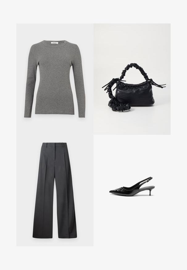 Grå langærmet top lavet af et blødt ribbet materiale. Har en rund halsudskæring og en tætsiddende silhuet, med minimalt pynt eller mønstre.; Bredde benbukser i mørkegrå stof, med høj talje, enkelte læg og en glat tekstur med en ren finish ved kanten.; Sorte læder slingback-pumps med spids tå, lav kitten-hæl og rynket detalje på overdelen. Glat tekstur og minimalistisk design.; Sort kunstlæder håndtaske med krokodilteksur, indsnøret top og en sammenkrøben rem. Ser blød og kompakt ud i designet.