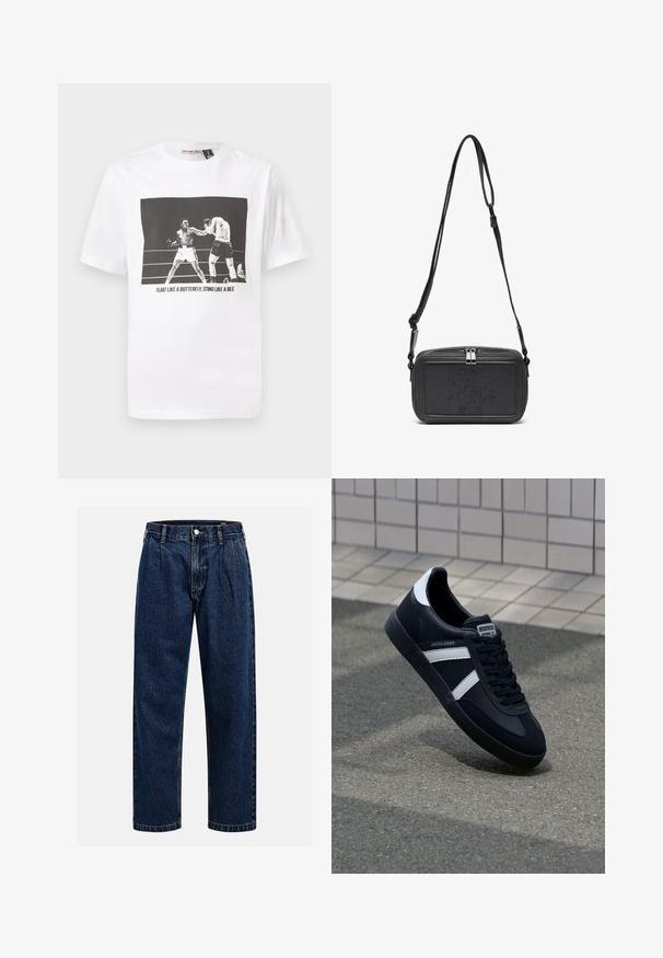 T-shirt bianco in cotone con una grafica in bianco e nero di due pugili e il testo "GALLO COME UNA FARFALLA, PUNGENTE COME UN'APE."; Jeans in denim blu scuro con design a gamba dritta. Presentano cuciture visibili, una chiusura con bottone e pieghe frontali per un tocco di dettaglio in più.; Sneaker neri in pelle con strisce bianche, suola in gomma texturizzata e allacciatura frontale. Presenta un'etichetta con il marchio sulla linguetta.; Borsa a tracolla nera in pelle con chiusura zip, logo impresso sul davanti e tracolla regolabile. Texture liscia con forma rettangolare.