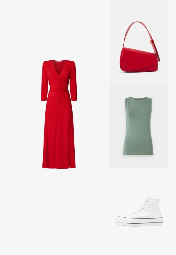 Ærmeløs grøn top lavet af blødt stof, med en rund halsudskæring og tætsiddende form. Minimalistisk design uden mønstre eller udsmykninger.; Rød kjole med V-udskæring, trekvartlange ærmer og draperet detaljering i livet og på ryggen. Stoffet ser glat og let ud.; Hvide høje kanvas sneakers med sort gummisål, gummitåhætte foran og seks øjehuller til snørebånd, der har et rent, minimalistisk design.; Rød læderhåndtaske med et kantet, geometrisk design. Har en enkelt justerbar rem og en klaplukning med syede detaljer.