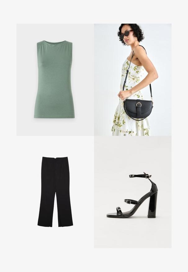 Ärmelloses grünes Oberteil aus weichem Stoff, mit einem runden Ausschnitt und figurnaher Passform. Minimalistisches Design ohne Muster oder Verzierungen.; Schwarze Hose mit geradem Schnitt, ausgestattet mit Fronttaschen und Seitenschlitzen am Saum. Hergestellt aus weichem, glattem Stoff. Geeignet für verschiedene Anlässe.; Schwarze patentierte Sandalen mit Absatz, quadratischer Spitze, Knöchelriemen und silbernen Schnallen. Mit einem stabilen Blockabsatz für mehr Stabilität.; Schwarze Lederhandtasche mit geschwungener Form, abnehmbarem Tragegurt und goldenen Beschlägen. Die Tasche verfügt über einen Deckel mit einer Schnallen-Details.