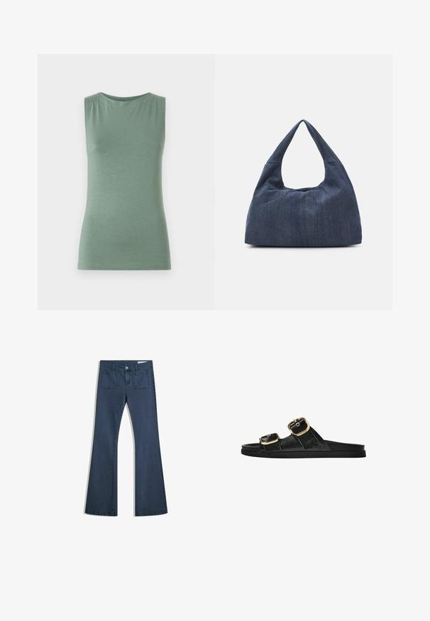 Brezrokavni zeleni top iz mehke tkanine, z okroglo ovratnico in prilegajočo se obliko. Minimalističen dizajn brez vzorcev ali okrasnih elementov.; Temno modri široki kavbojke iz denima s prišitimi žepi, gumbom za zapiranje in gladko teksturo. Imajo klasičen dizajn s petimi žepi.; Črne drsne sandale z dvema zlatima zaponkama, gladkega materiala, ravnim podplatom in minimalističnim dizajnom.; Temno moder jeans torba z mehko, sproščeno obliko, ki ima hobo slog ročaja in teksturirano površino. Brez vidnih kovinskih dodatkov.