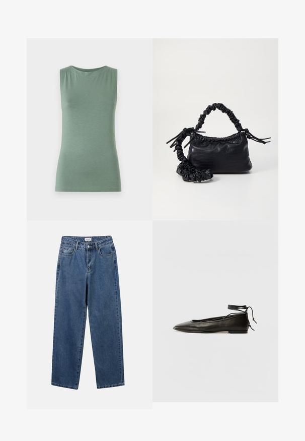 Bezramenný zelený top vyrobený z jemné tkaniny, který má kulatý výstřih a přiléhavý střih. Minimalistický design bez vzorů nebo ozdob.; Klasické modré džíny z denimu se střihy rovné nohy, pěti kapsami a zapínáním na knoflík. Mají střední odstín a odolnou texturu.; Černé kožené baletky s špičatou špičkou, vázáním na kotníku a plochou podrážkou, s hladkým povrchem a minimalistickým designem.; Černá kabelka z umělé kůže s krokodýlím vzorem, staženým vrškem a zmačkaným popruhem. Zdá se, že má měkký a kompaktní design.