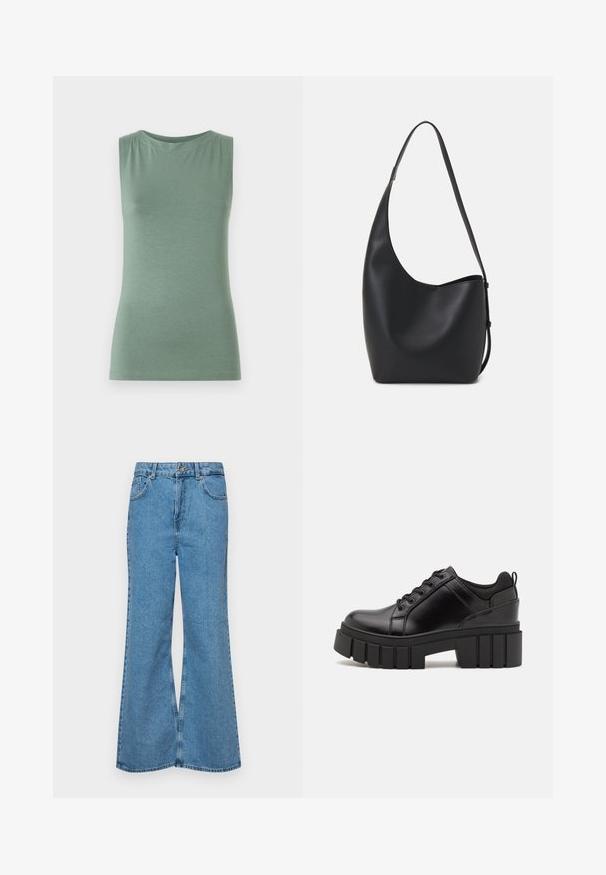 Bezrukava zelena majica od mekanog materijala, s okruglim izrezom i prilagođenim oblikom. Minimalistički dizajn bez uzoraka ili ukrasa.; Svijetloplave traperice s flared nogavicama, visokog struka, s pet džepova i jednim dugmetom za zatvaranje. Mekani materijal s izblijedjelim izgledom.; Crne kožne platforme s debelim blok-peta, okruglim prstima i klasičnim dizajnom vezanja. Imaju gladak tekstur i minimalne detalje.; Crna kožna hobo torba s glatkom teksturom, zakrivljenim oblikom i jednom podesivom trakicom; ima širok otvor na vrhu.