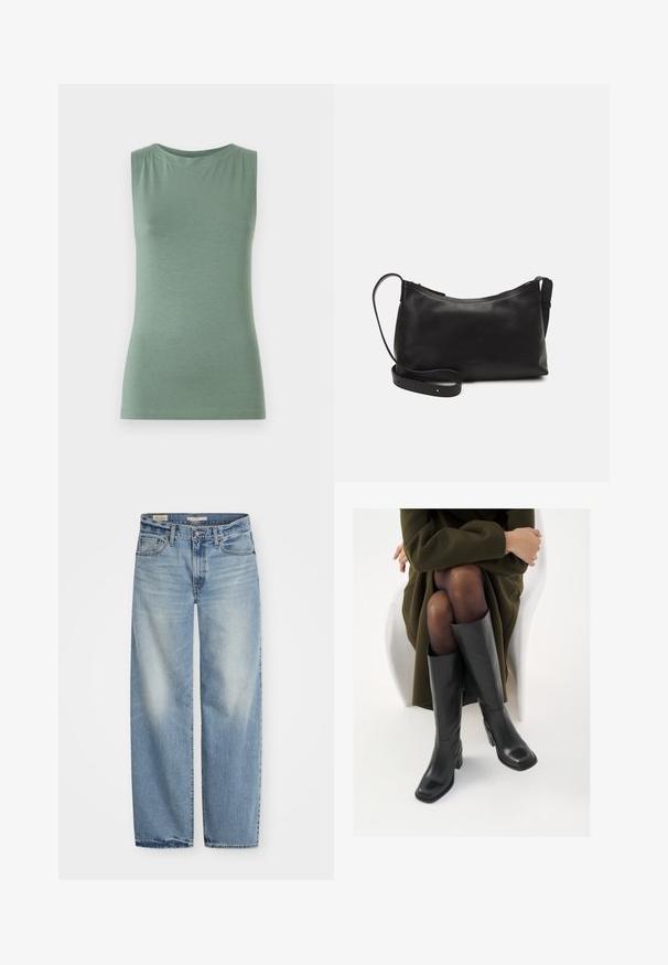 Ermeløs grønn topp laget av myk stoff, med rund hals og tettsittende fasong. Minimalistisk design uten mønstre eller dekorasjoner.; Lys blå vide jeans laget av denim. Har knappe- og glidelåsåpning, fem lommer, og en falmet finish med en litt slitt kant.; Knæhøye sorte lærstøvler med firkantet tå og blokkhelt, vist med en modell som sitter iført en olivengrønn kåpe. Glatt tekstur, minimal detaljering.; Svart skinn skulderveske med glatt tekstur, buet form, justerbar stropp og glidelås. Minimalistisk design uten dekorasjoner.